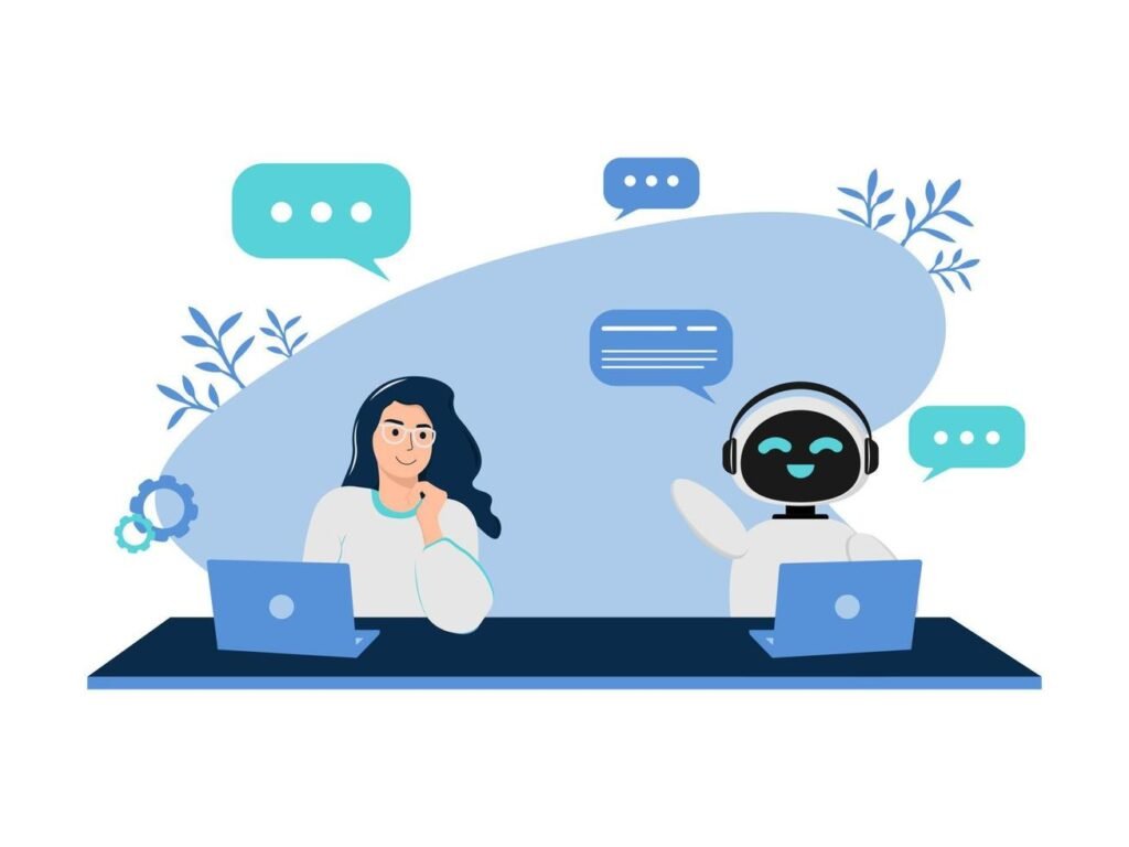 illustration-with-a-robot-and-a-woman-who-communicate-in-a-chat-bot-illustration-with-an-ai-chatbot-made-in-a-minimalist-flat-style-blue-shades-are-used-vector